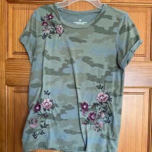 camo ae shirt with embroidered flowers